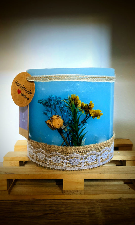 Fanal de cera / vela hueca, artesanal azul con hojas secas y aroma floral- Lilinnight