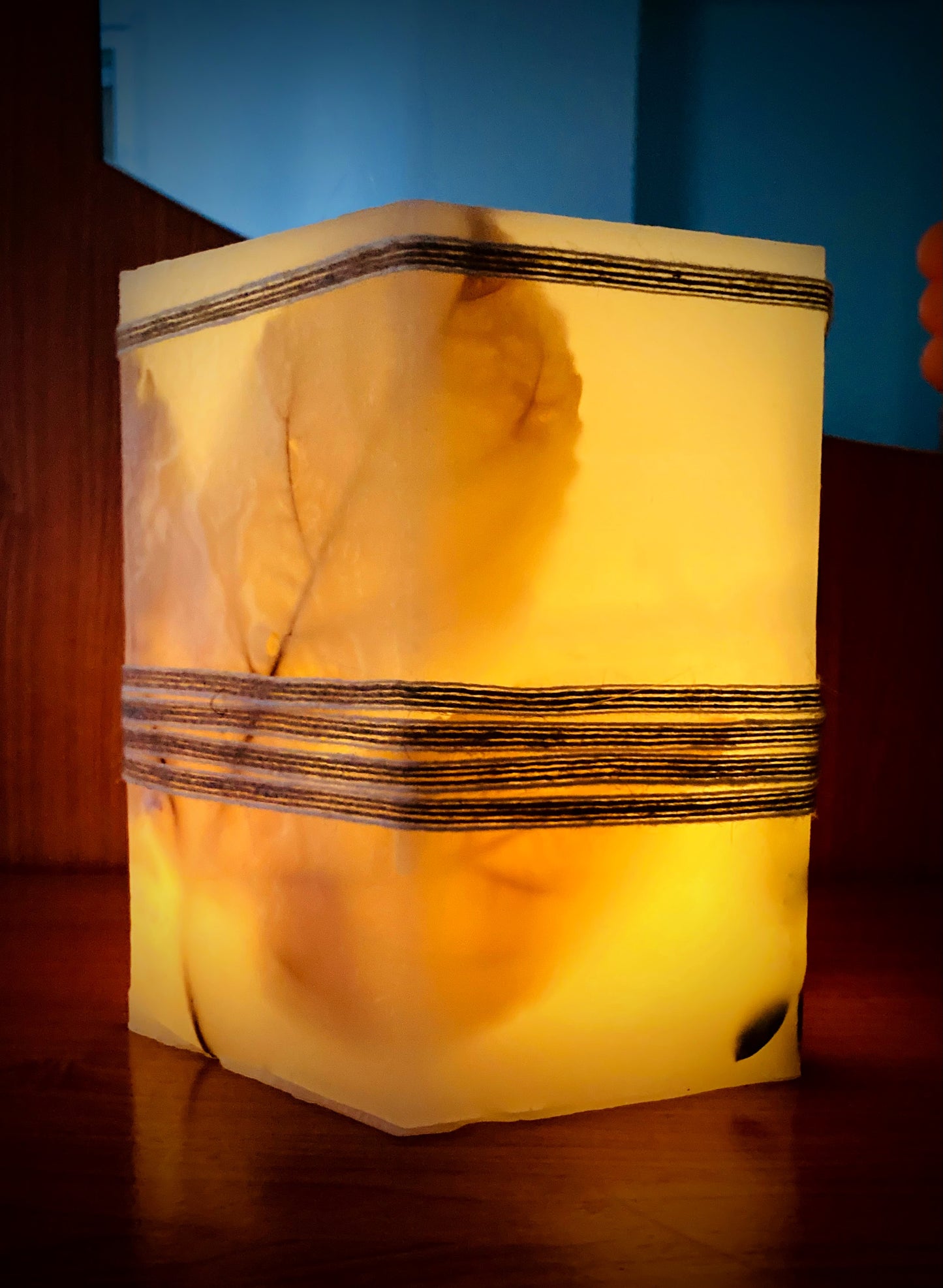 Fanal hexagonal/vela hueca con hojas encapsuladas y aroma a jazmín