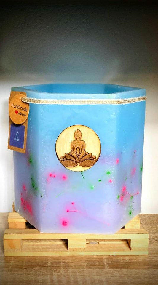 Fanal de cera hexagonal grande con aplique de madera de Buda y diseño natural, olor floral