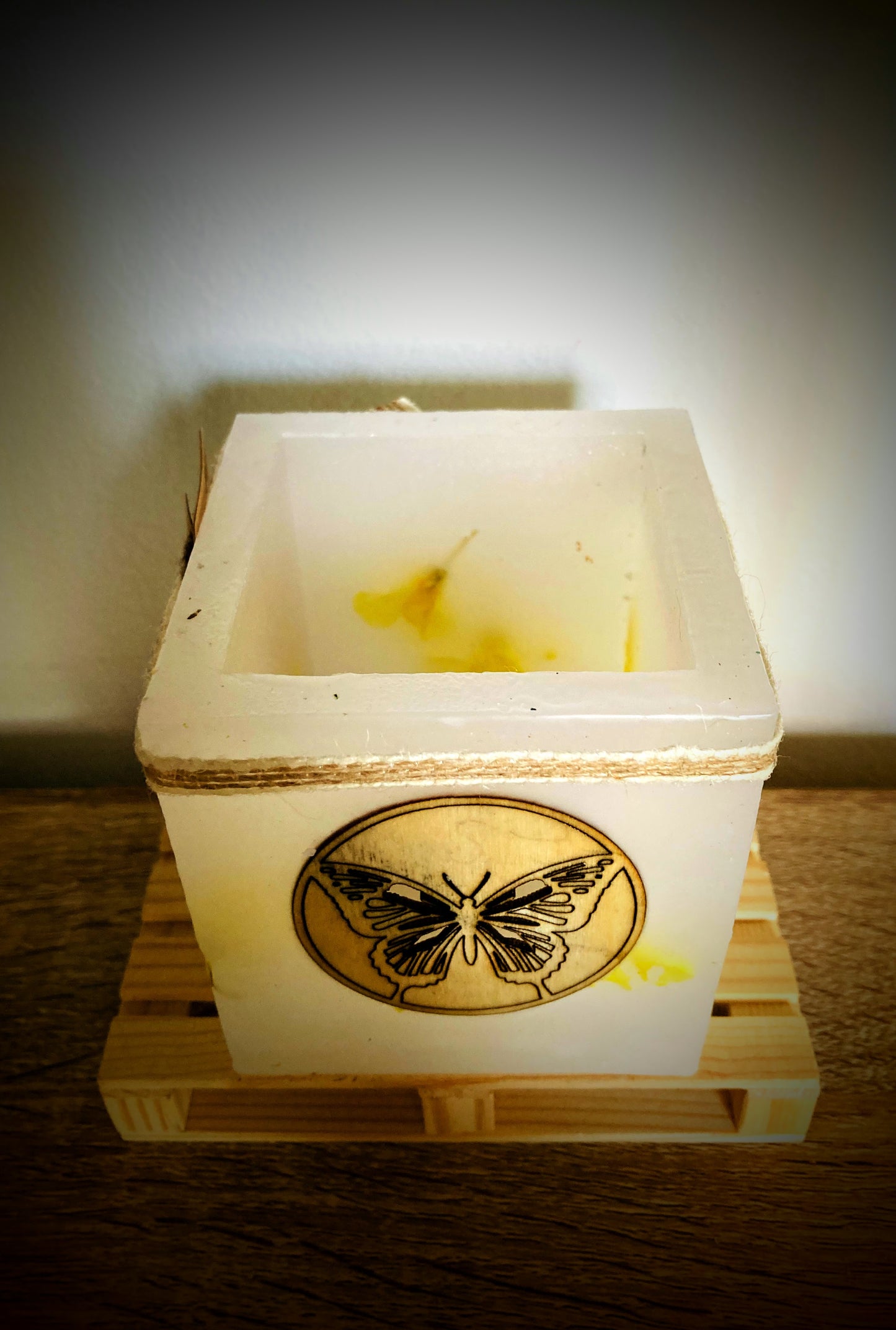 Fanal de cera / vela hueca con mariposa de madera y olor – Lilinnight