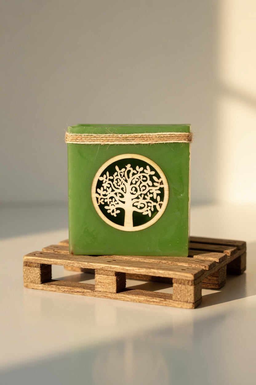 Vela hueca artesanal con símbolo del Árbol de la Vida en color  verde con luz LED cálida. Pieza única hecha a mano con flores naturales.