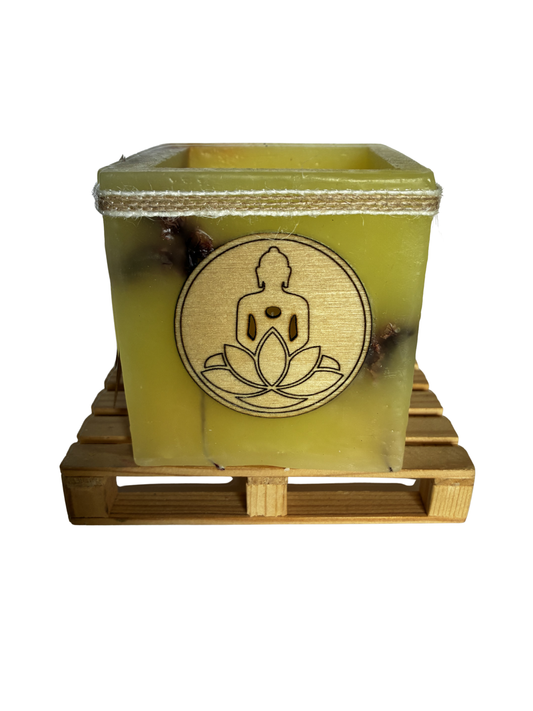Fanal de cera / vela hueca -  con Flores Secas y Buda de Madera, Aroma Floral