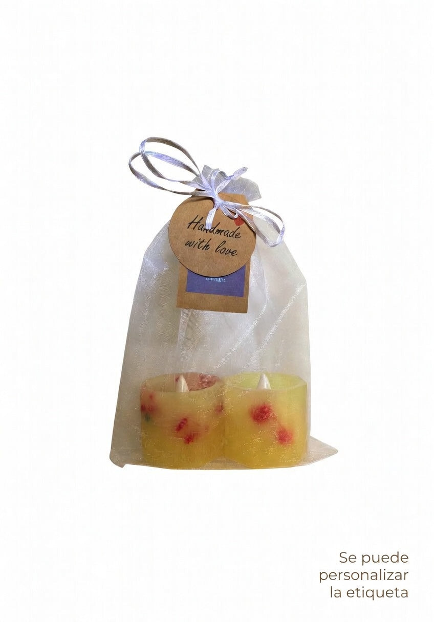 Pack 2 Velas Artesanales Hexagonales Pequeñas con LED y Aroma Floral – Incluye Bolsita de Regalo – Personalizables para Eventos (Bodas, Bautizos, Recuerdos)