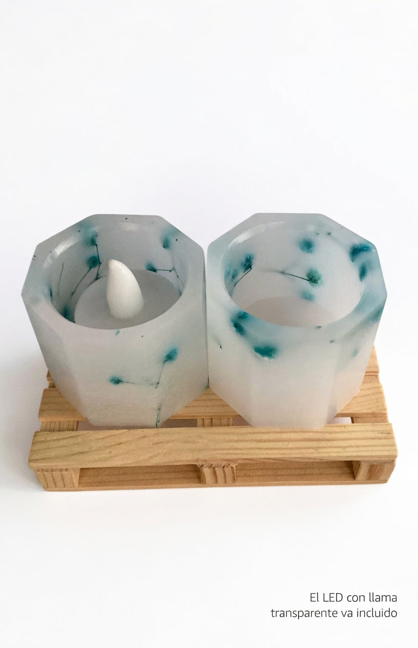 Pack 2 Velas Artesanales Hexagonales Pequeñas con LED y Aroma Floral – Incluye Bolsita de Regalo – Personalizables para Eventos (Bodas, Bautizos, Recuerdos)