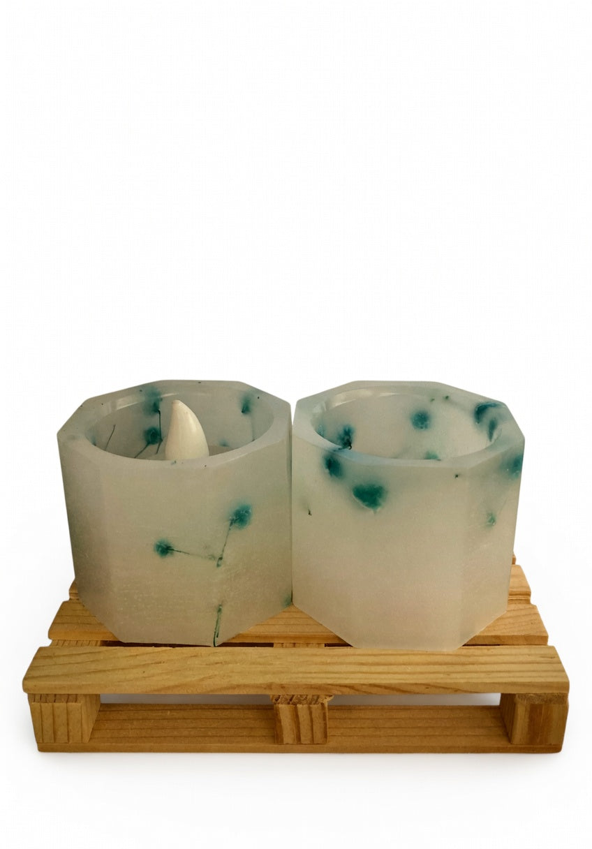 Pack 2 Velas Artesanales Hexagonales Pequeñas con LED y Aroma Floral – Incluye Bolsita de Regalo – Personalizables para Eventos (Bodas, Bautizos, Recuerdos)