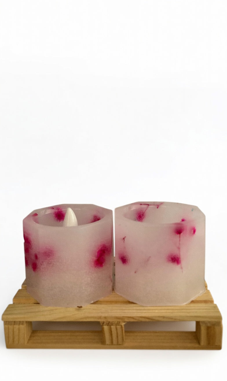 Pack 2 Velas Artesanales Hexagonales Pequeñas con LED y Aroma Floral – Incluye Bolsita de Regalo – Personalizables para Eventos (Bodas, Bautizos, Recuerdos)