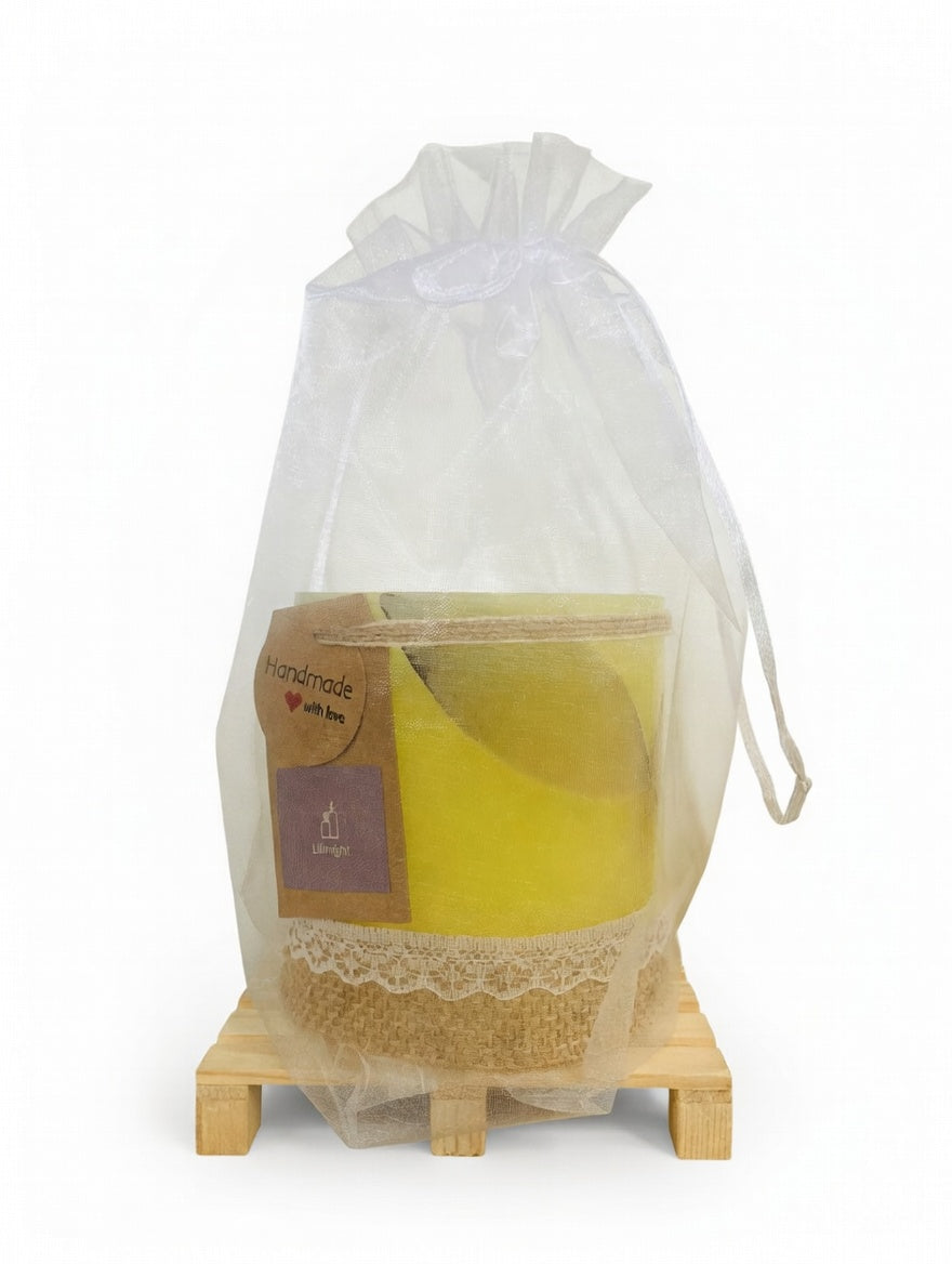 Fanal de Cera/vela hueca Artesanal Lilinnight – Aroma a Limon (Hojas y cinta de yute)