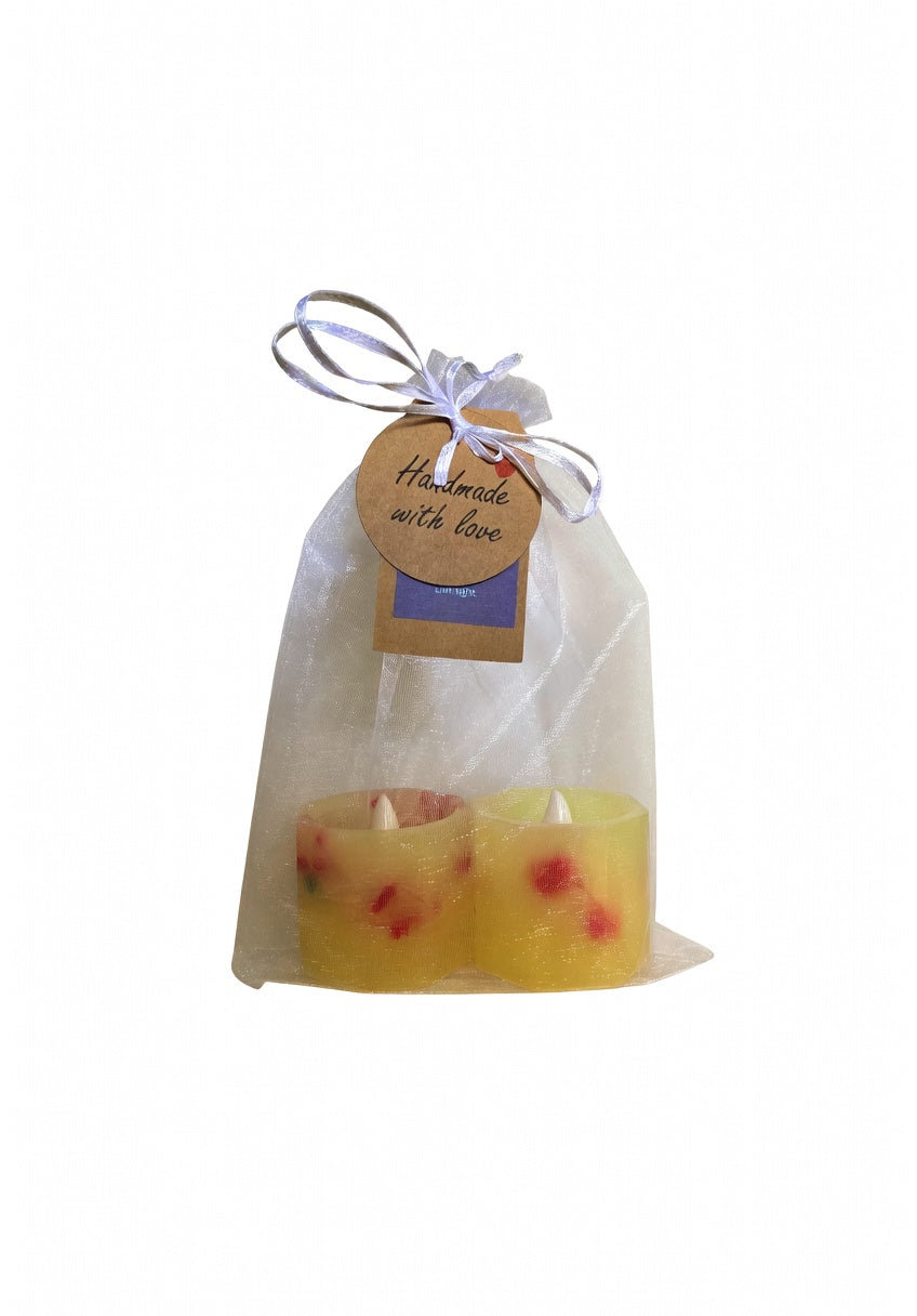 Pack 2 Velas Artesanales Hexagonales Pequeñas con LED y Aroma Floral – Incluye Bolsita de Regalo – Personalizables para Eventos (Bodas, Bautizos, Recuerdos)